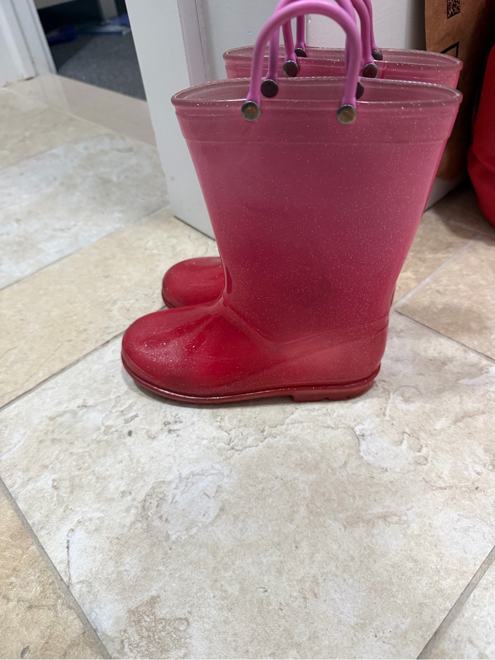 Bright Pink Glitter Rain Boots with Pull Handles size 12 - Picture 3 of 4